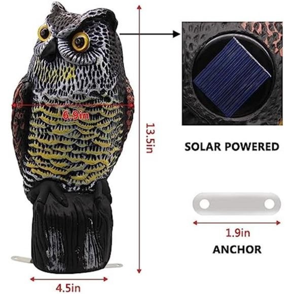 Solar Fake Horned Owl Statue, Solar Powered Halloween Motion Activated Scarecrow - Picture 2 of 6